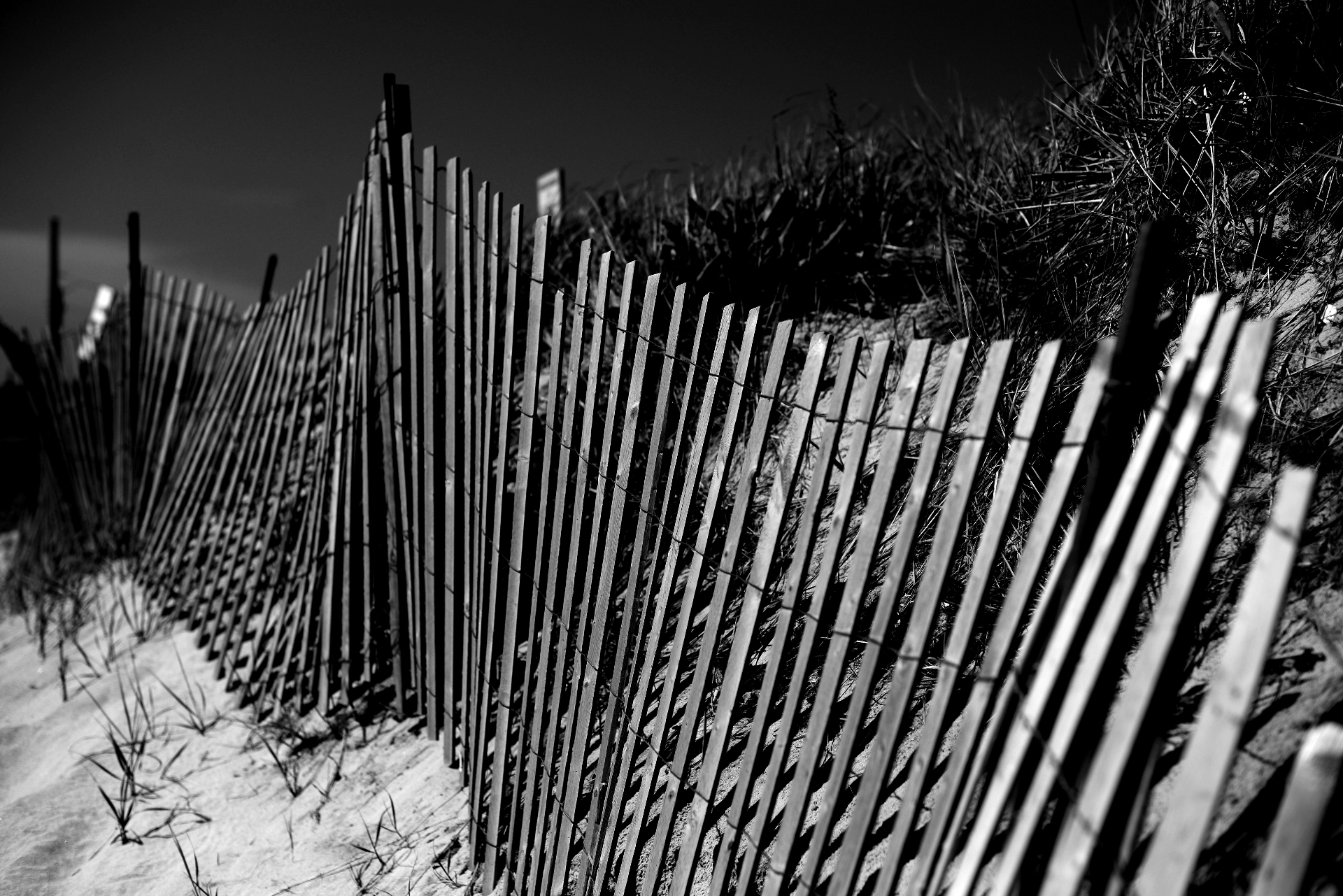 Black and white artistic fence lines in Long Island sand dunes representing clean minimalist logo design principles and strong visual brand identity