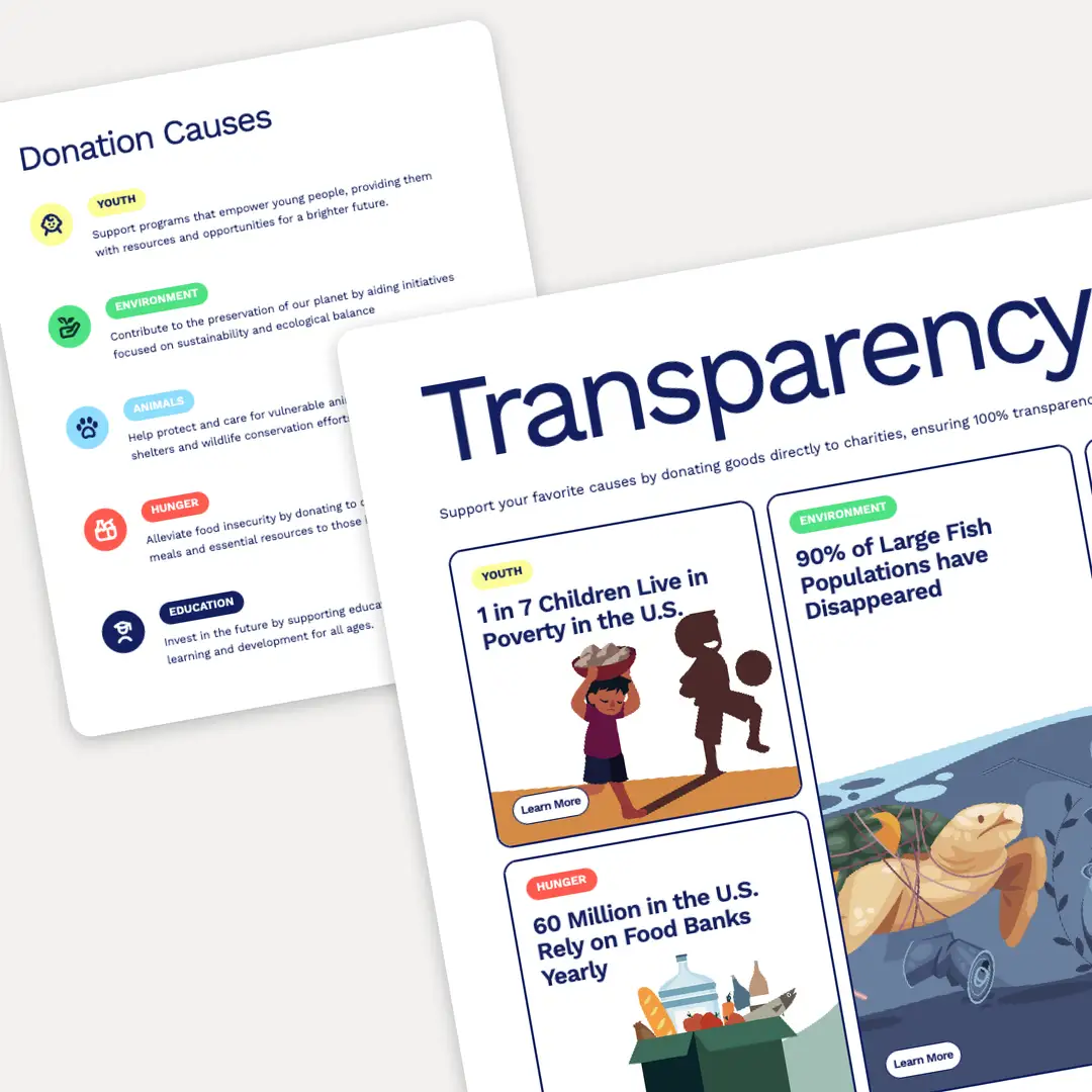 Donation platform website showcasing transparency features with statistics on poverty, hunger, and animal welfare